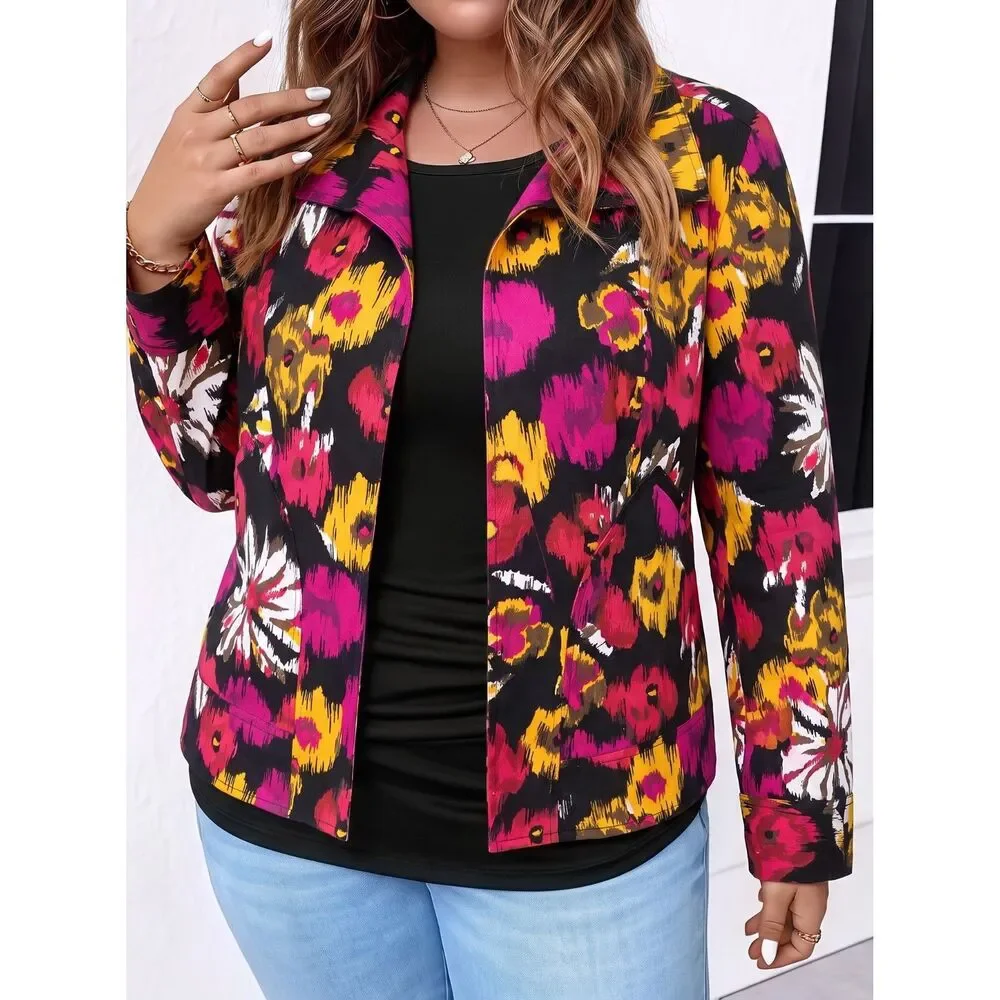 Transitions Blazer Jacket XL Open Front Watercolor Abstract Floral Cotton Lined